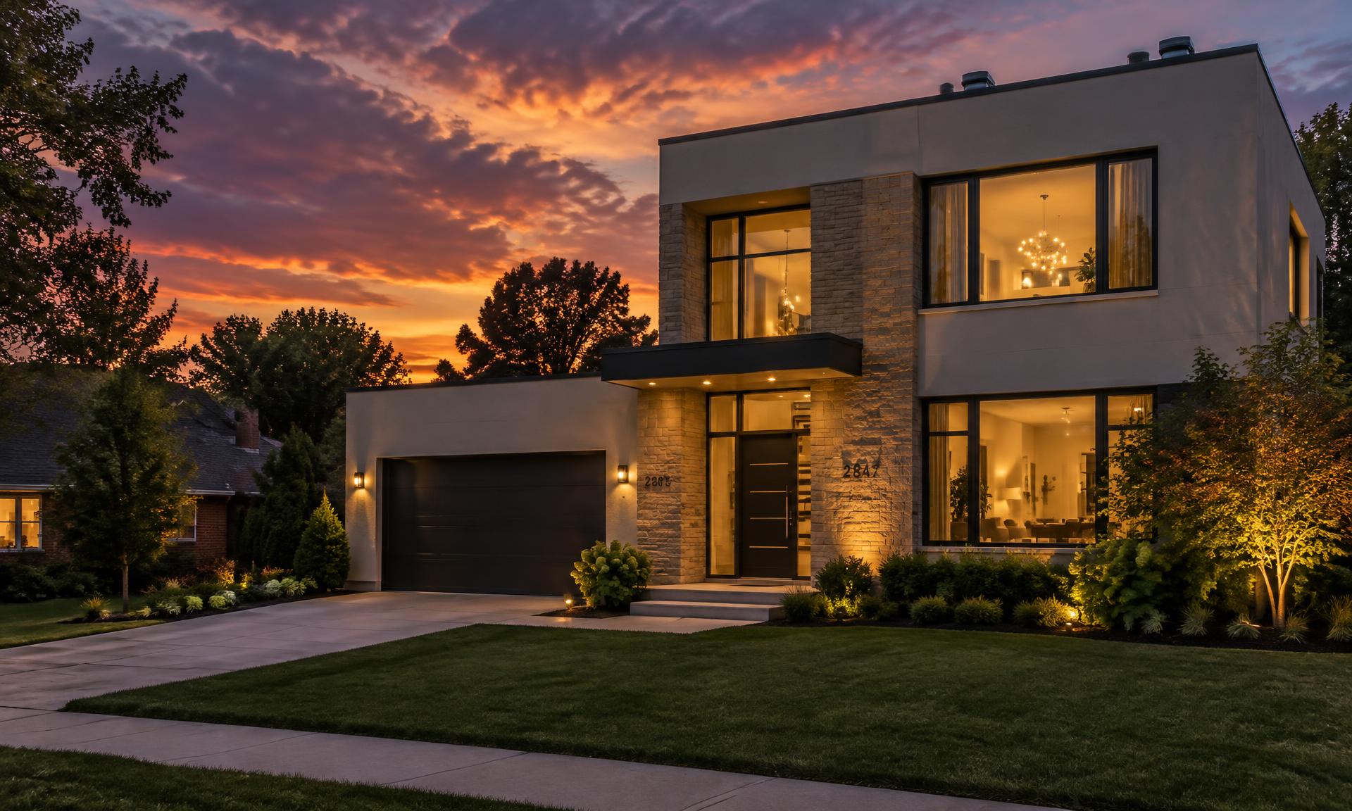 Modern suburban home with a flat roof glowing at dusk